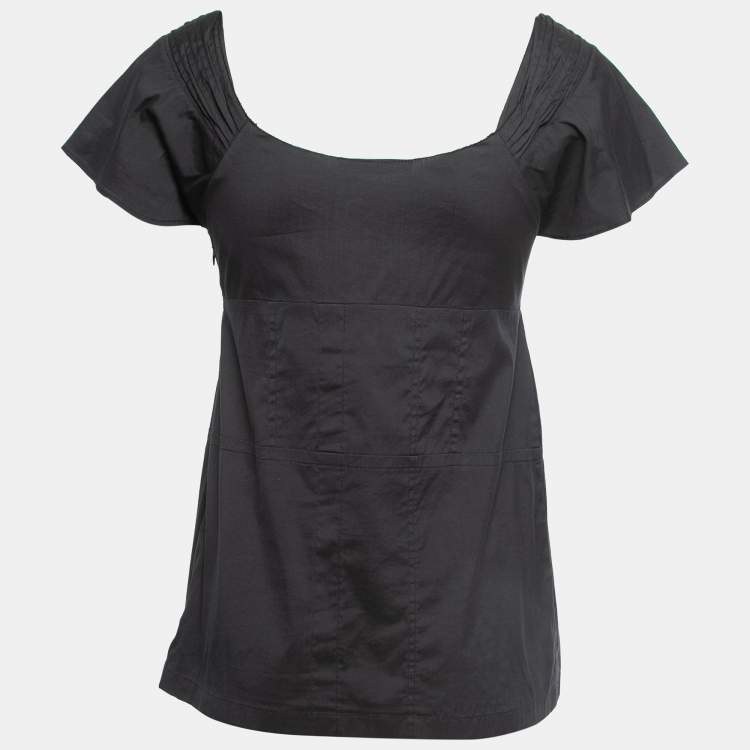 Pre Owned Prada Black Cotton Pleat Detail Cap Sleeve A-Line Top S