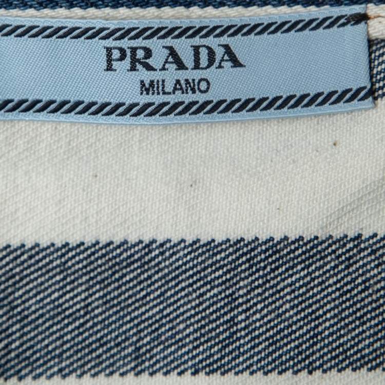 Pre Owned Prada Blue/White Striped Denim Logo Plaque Cropped Top M