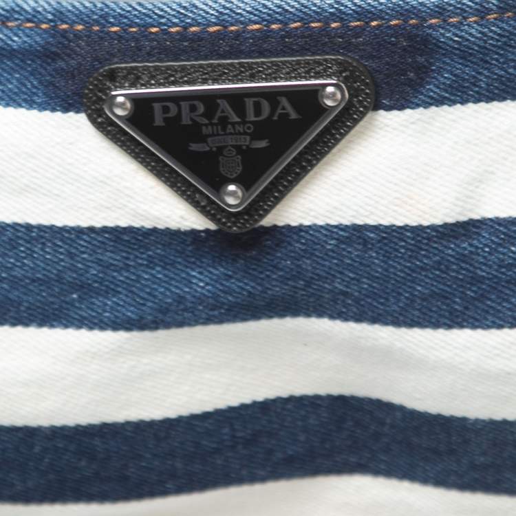 Pre Owned Prada Blue/White Striped Denim Logo Plaque Cropped Top M