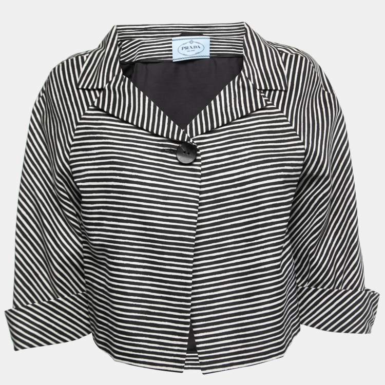 Pre Owned Prada Black/White Printed Taffeta One Button Cropped Jacket M