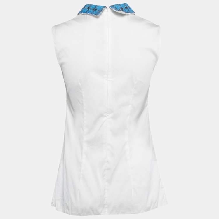 Pre Owned Prada White Cotton Sequined Collar Sleeveless Top S