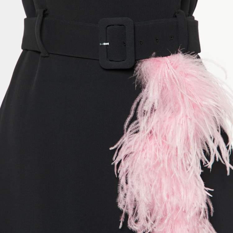 مملوكة مسبقًا Prada Black Crepe Contrast Feather Detail Belted Midi Dress M