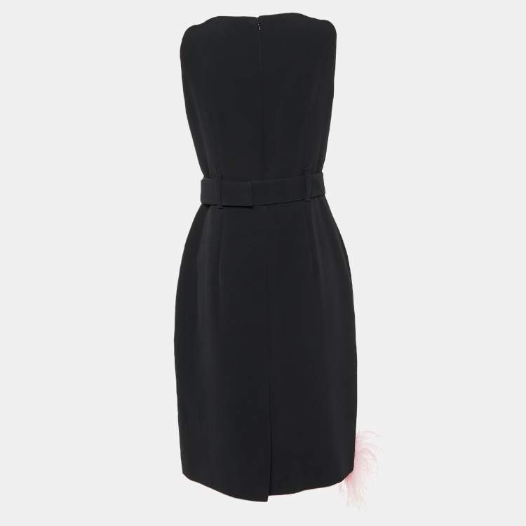 مملوكة مسبقًا Prada Black Crepe Contrast Feather Detail Belted Midi Dress M