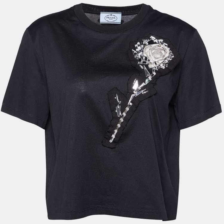Pre Owned Prada Black Mirror Embellished Cotton Knit T-Shirt L