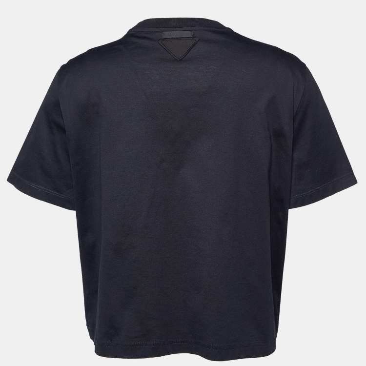 Pre Owned Prada Black Mirror Embellished Cotton Knit T-Shirt L