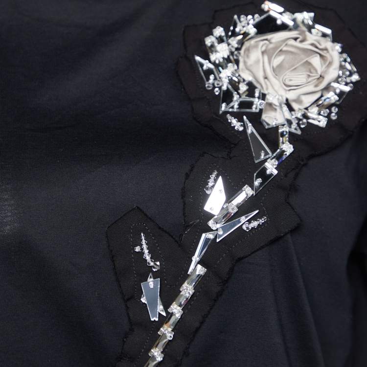 Pre Owned Prada Black Mirror Embellished Cotton Knit T-Shirt L