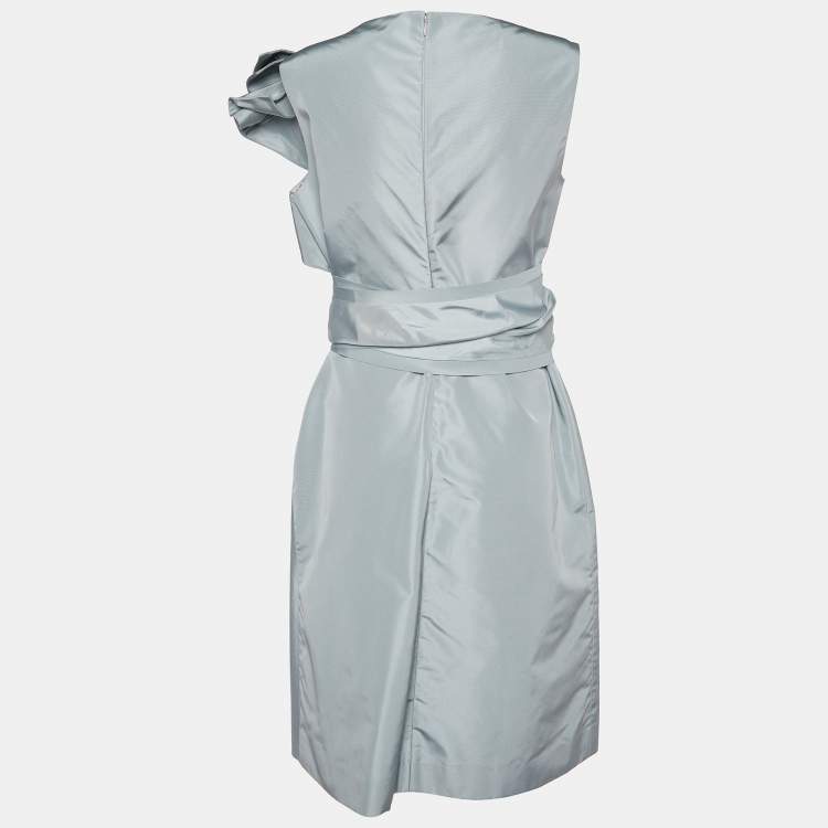 Pre Owned Prada Grey Silk Taffeta Bow Detail Belted Sleeveless Midi Dress M