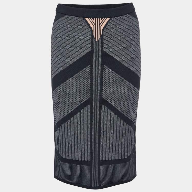 Pre Owned Prada Black Patterned Knit Knee Length Skirt M
