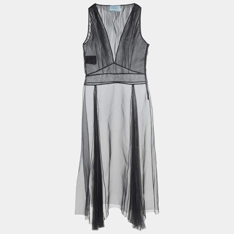 Prada Black Pleated Organza Sleeveless Maxi Dress S Prada TLC