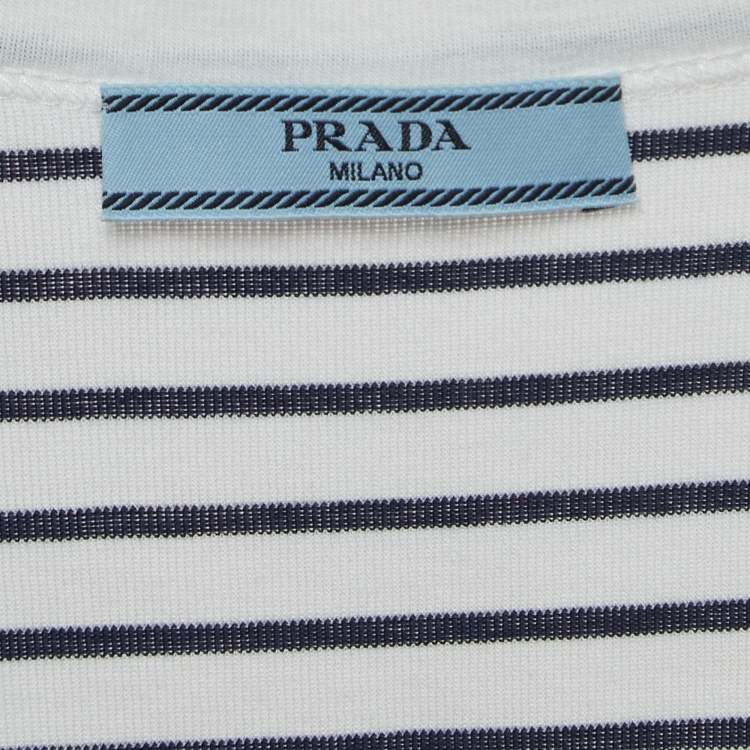 Pre Owned Prada White Striped Cotton Triangle Logo Detail Tank Top S