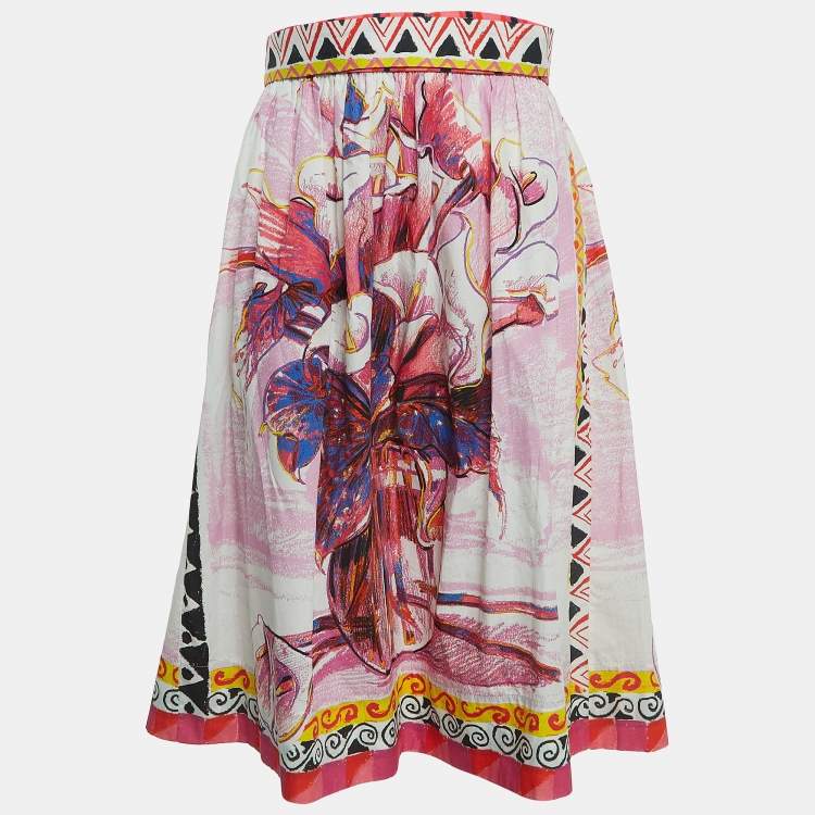 Pre Owned Prada Pink Floral Print Cotton Pleated Midi Skirt M