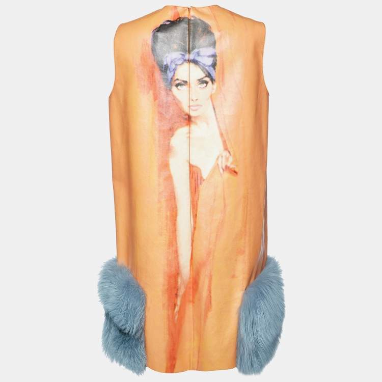 Pre Owned Prada Orange Poster Print Coated Cotton Fur Trimmed Sleeveless Dress M