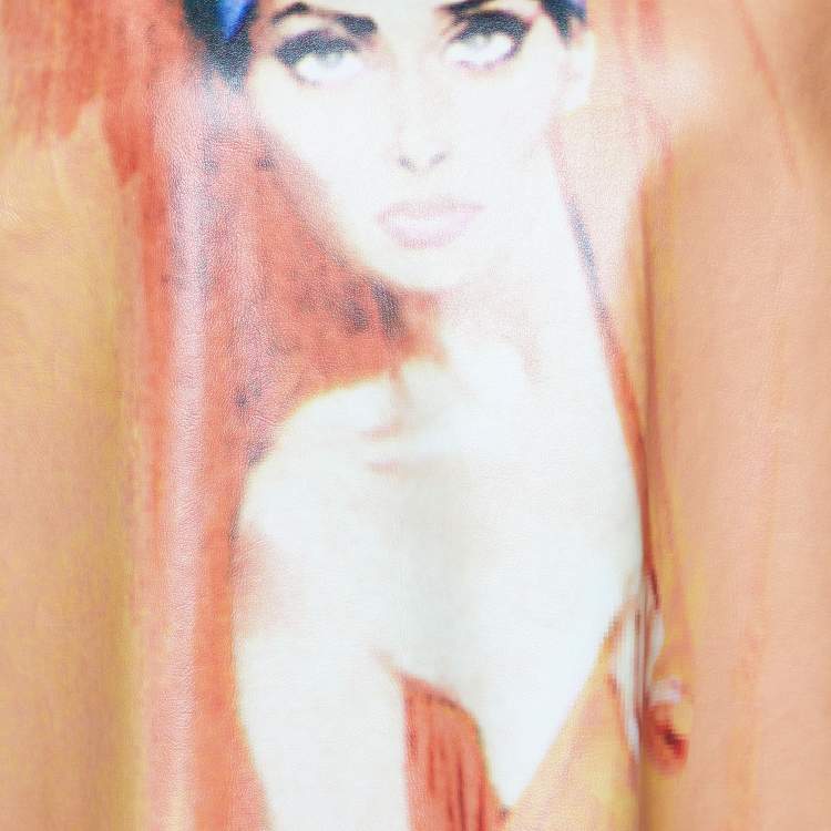 Pre Owned Prada Orange Poster Print Coated Cotton Fur Trimmed Sleeveless Dress M