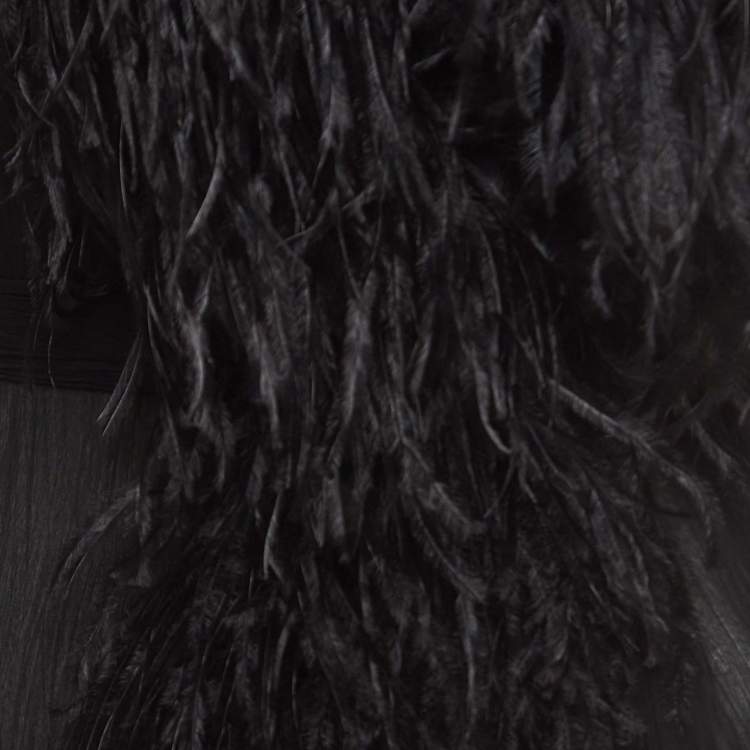 Pre Owned Prada Black Ostrich Feather and Silk Crinkle Semi Sheer Mid Length Coat XS