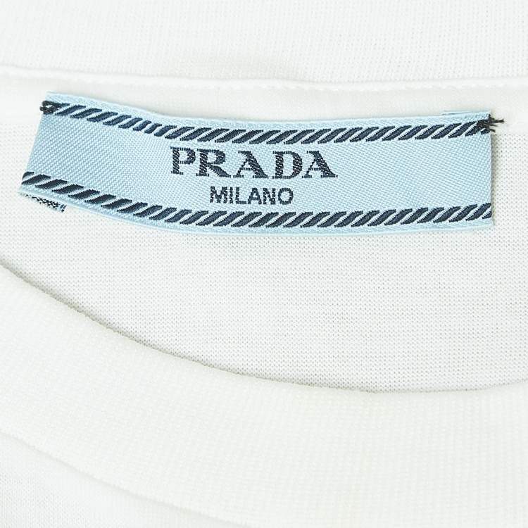 Pre Owned Prada White Cotton Knit Re-Nylon Pouch Docking T-Shirt L