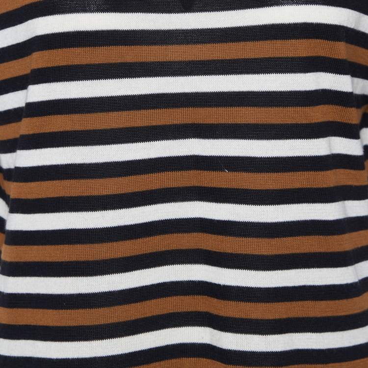 Pre Owned Prada Brown/Black Striped Cotton Knit Short Sleeve Top M