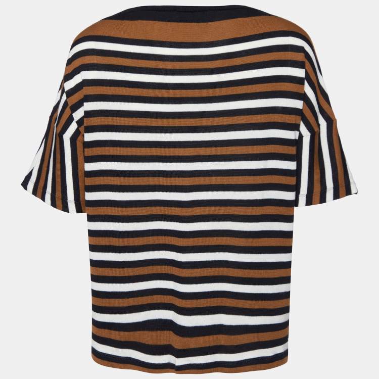 Pre Owned Prada Brown/Black Striped Cotton Knit Short Sleeve Top M