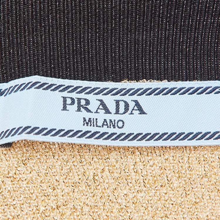 Pre Owned Prada Gold Logo Intarsia Lamé Knit Crop Top and Skirt Set M