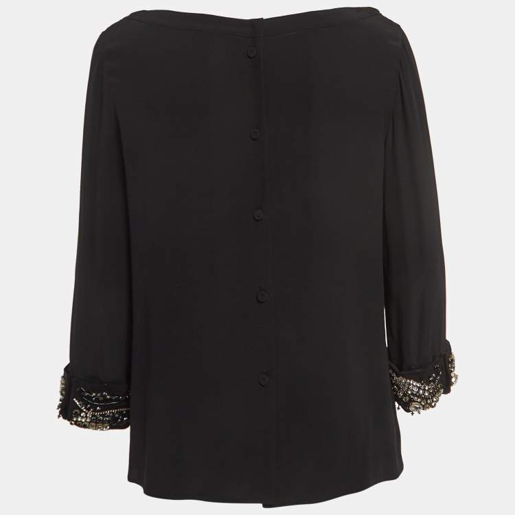 Pre Owned Prada Black Silk Decorative Cuff Detail Blouse M