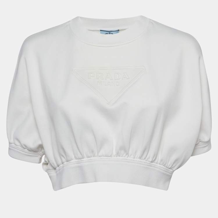 Pre Owned Prada White Logo Embossed Jersey Cropped T-Shirt M
