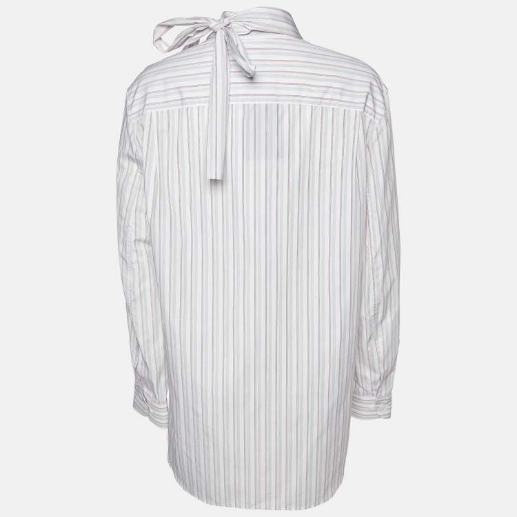 Pre Owned Prada White Striped Cotton Tie Neck Button Front Shirt M