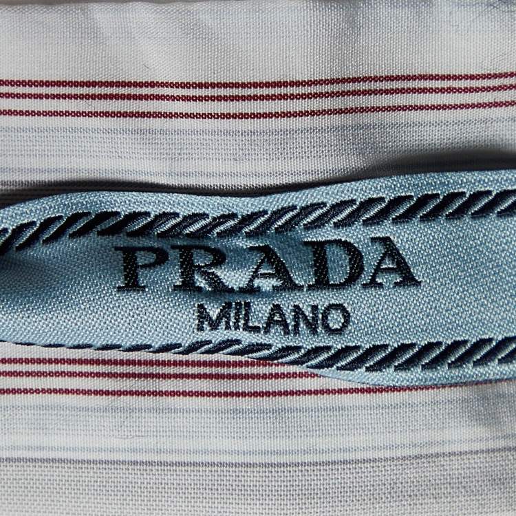 Pre Owned Prada White Striped Cotton Tie Neck Button Front Shirt M