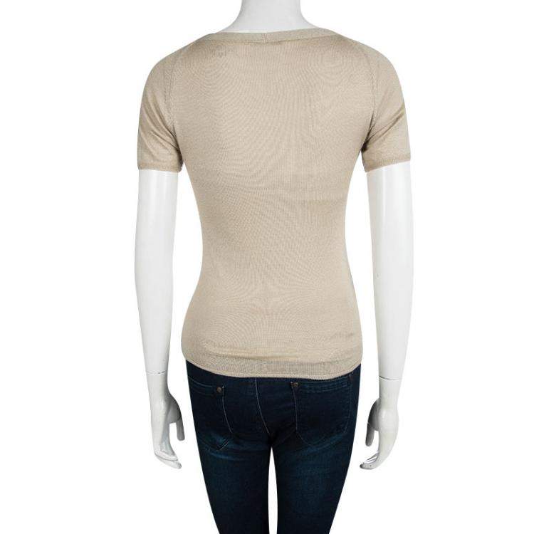 Pre Owned Prada Beige Knit V Neck Short Sleeve Sweater M