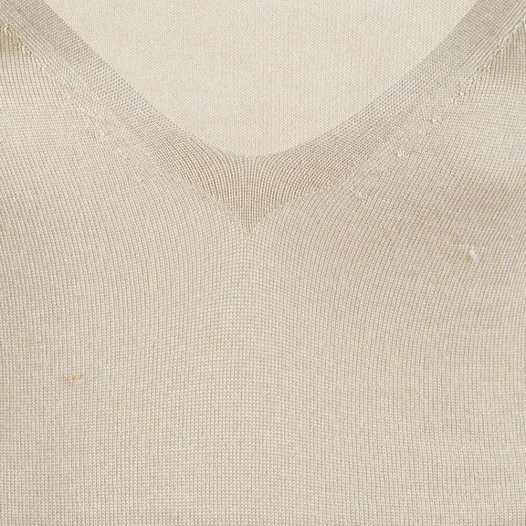 Pre Owned Prada Beige Knit V Neck Short Sleeve Sweater M