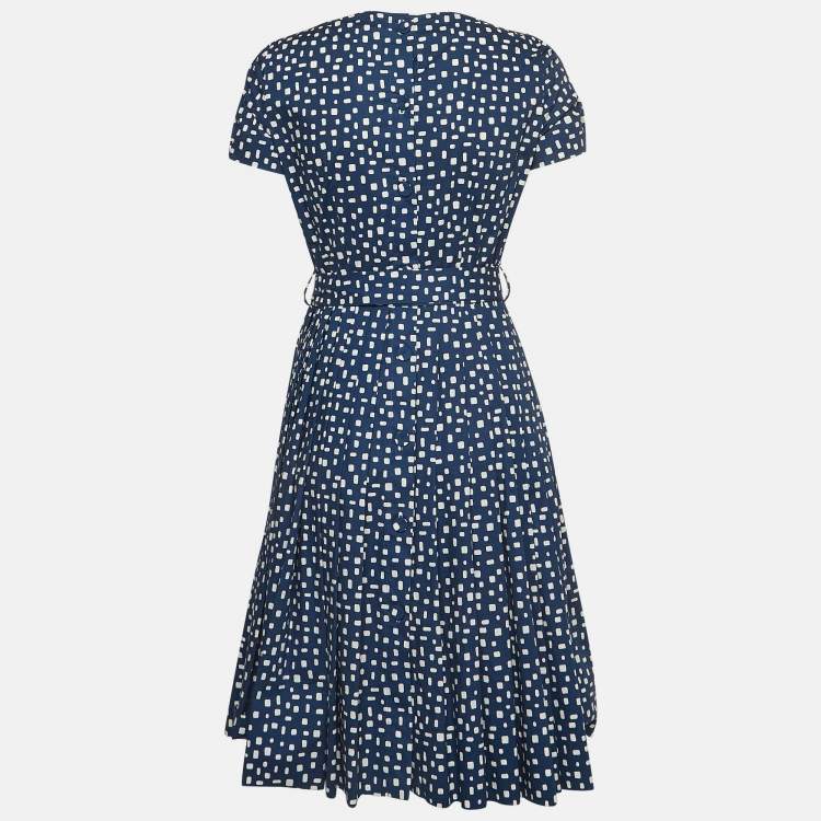 Pre Owned Prada Navy Blue Geometric Print Cotton Pleated Mini Dress S  