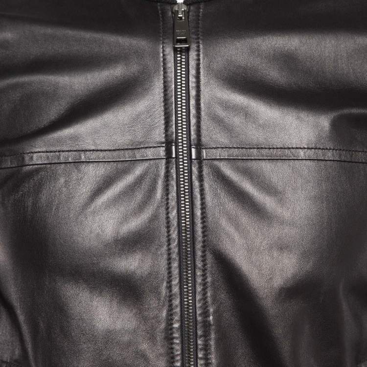 Pre Owned Prada Black Leather Trim Wool Zipper Jacket M