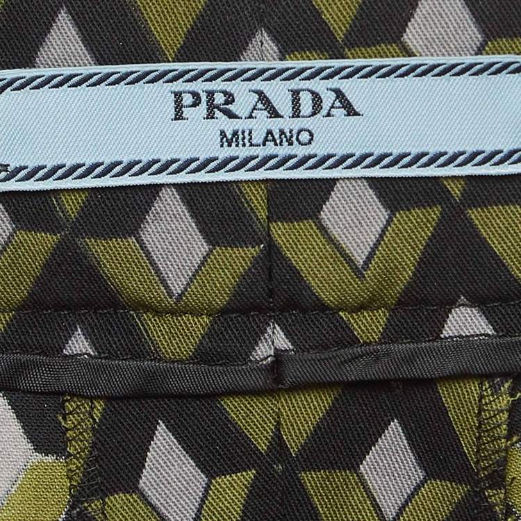 Pre Owned Prada Green Geometric Print Virgin Wool Belted Shorts M
