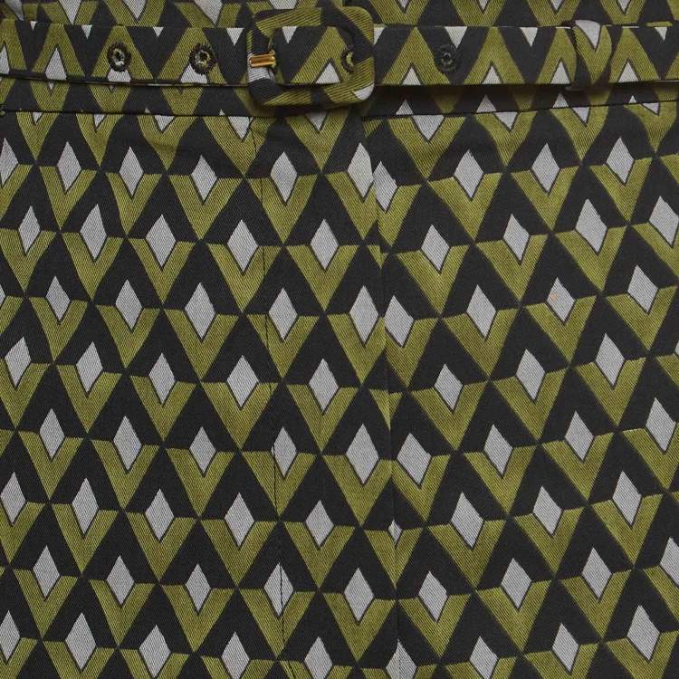 Pre Owned Prada Green Geometric Print Virgin Wool Belted Shorts M
