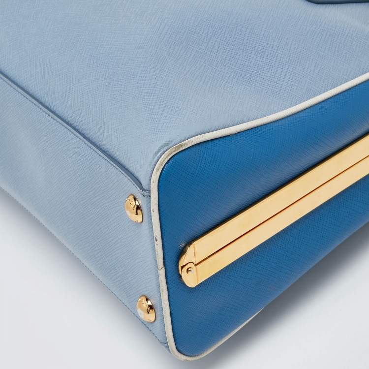 Pre Owned Prada Two Tone Blue Saffiano Lux Leather Pyramid Frame Satchel