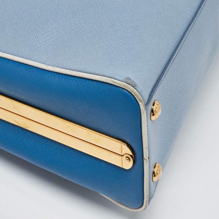 Pre Owned Prada Two Tone Blue Saffiano Lux Leather Pyramid Frame Satchel