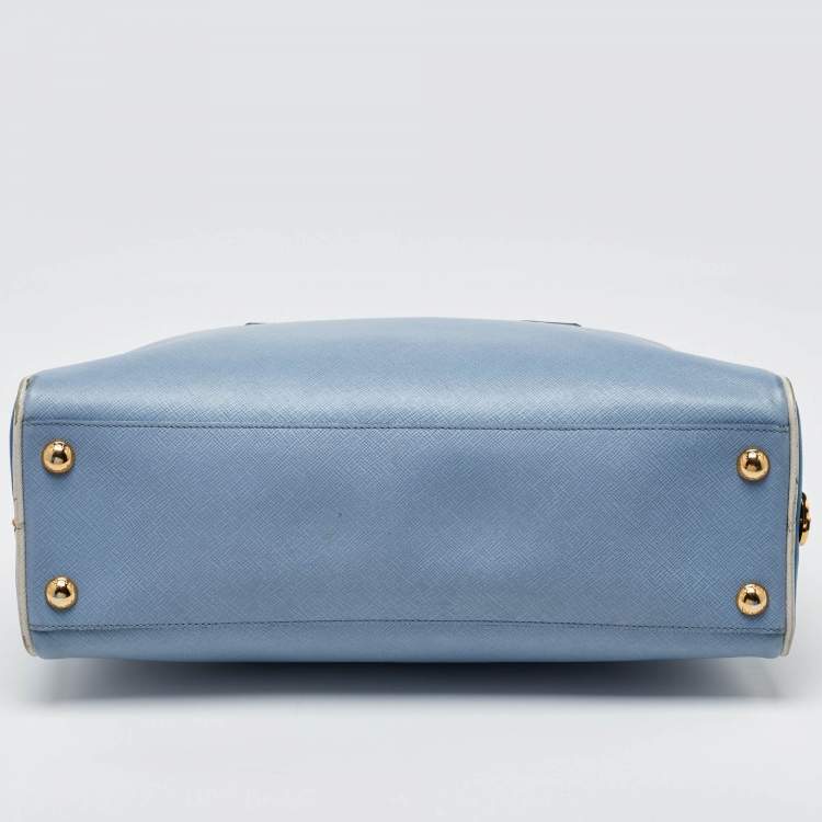 Pre Owned Prada Two Tone Blue Saffiano Lux Leather Pyramid Frame Satchel