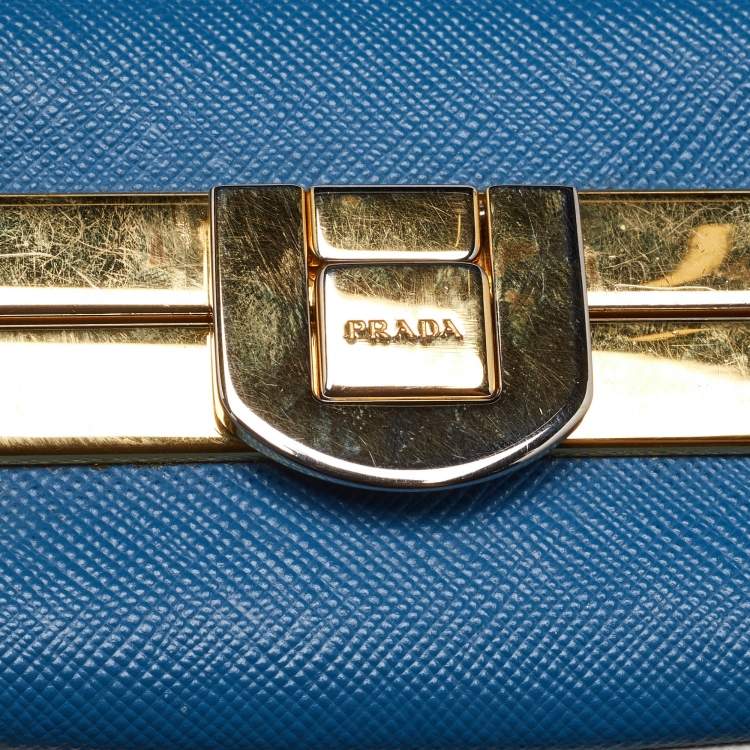 Pre Owned Prada Two Tone Blue Saffiano Lux Leather Pyramid Frame Satchel