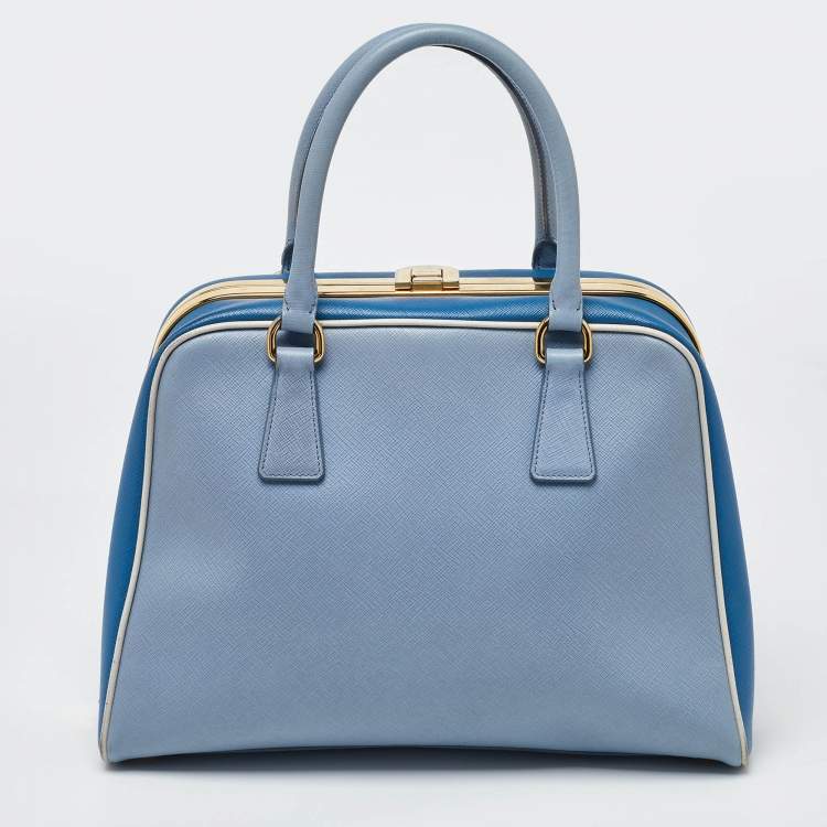 Pre Owned Prada Two Tone Blue Saffiano Lux Leather Pyramid Frame Satchel