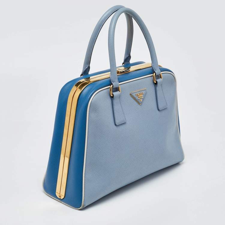 Pre Owned Prada Two Tone Blue Saffiano Lux Leather Pyramid Frame Satchel