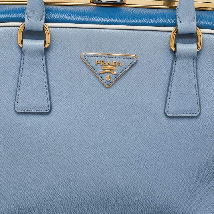 Pre Owned Prada Two Tone Blue Saffiano Lux Leather Pyramid Frame Satchel