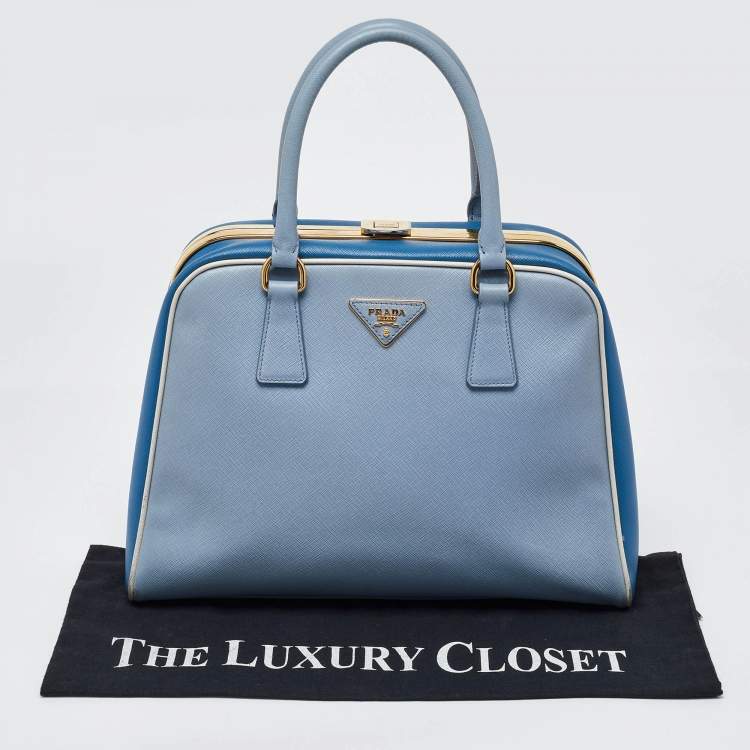 Pre Owned Prada Two Tone Blue Saffiano Lux Leather Pyramid Frame Satchel