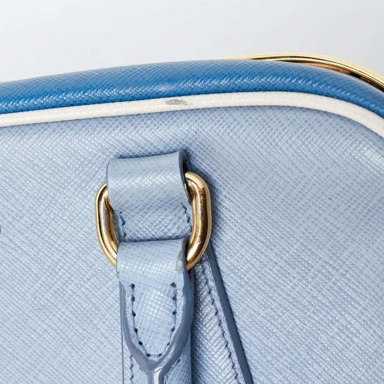Pre Owned Prada Two Tone Blue Saffiano Lux Leather Pyramid Frame Satchel