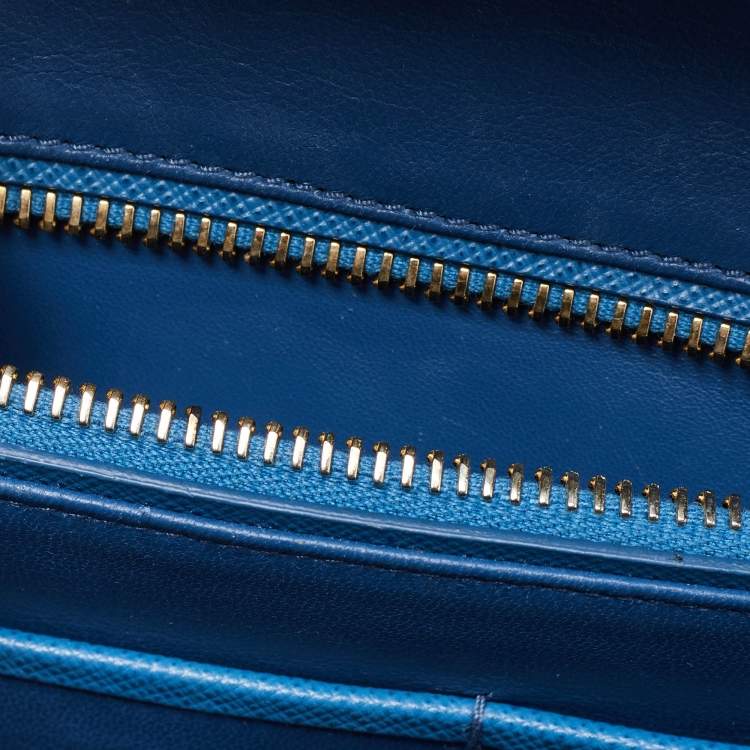 Pre Owned Prada Two Tone Blue Saffiano Lux Leather Pyramid Frame Satchel