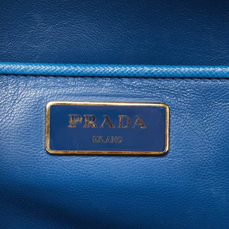 Pre Owned Prada Two Tone Blue Saffiano Lux Leather Pyramid Frame Satchel