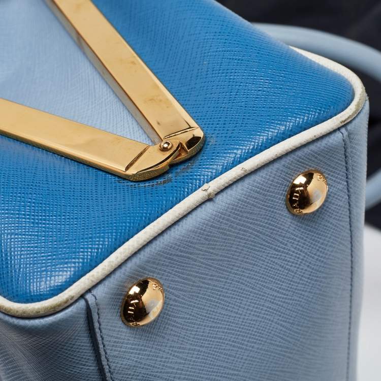 Pre Owned Prada Two Tone Blue Saffiano Lux Leather Pyramid Frame Satchel