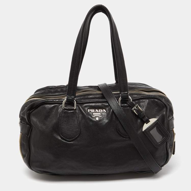 Pre Owned Prada Black Leather Zip Detail Satchel