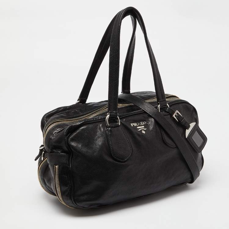 Pre Owned Prada Black Leather Zip Detail Satchel