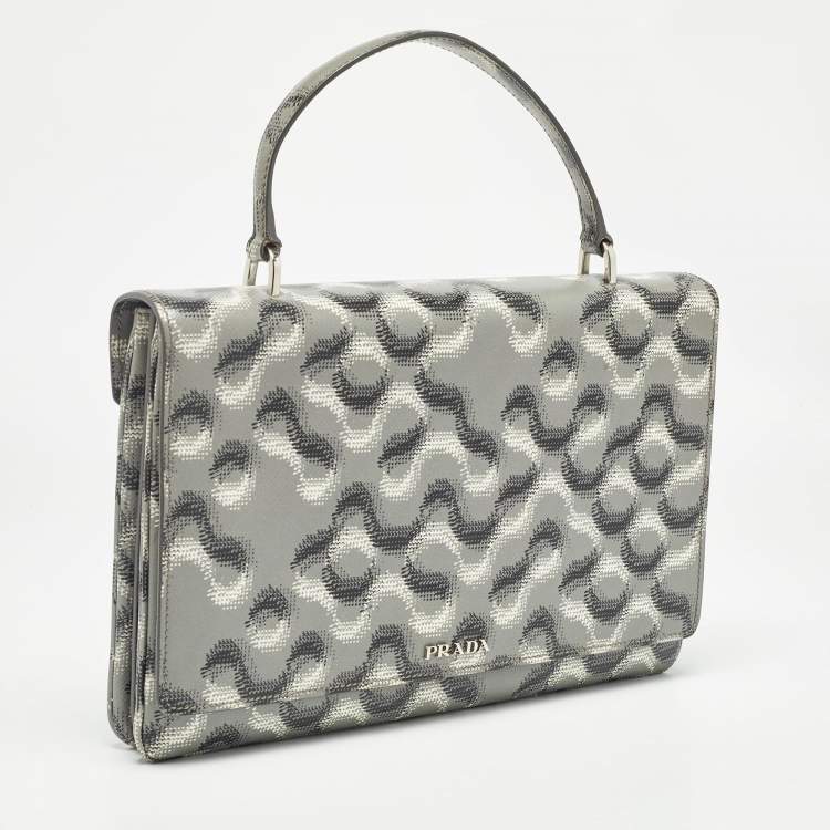 Pre Owned Prada Grey Molecule Print Leather Flap Top Handle Bag