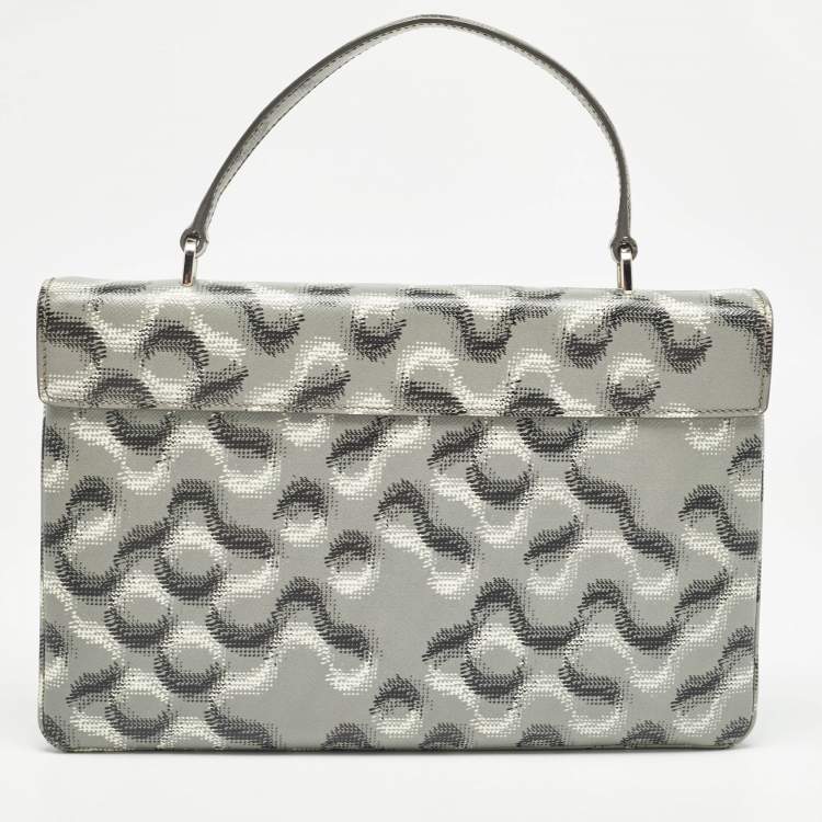 Pre Owned Prada Grey Molecule Print Leather Flap Top Handle Bag