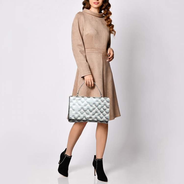 Pre Owned Prada Grey Molecule Print Leather Flap Top Handle Bag