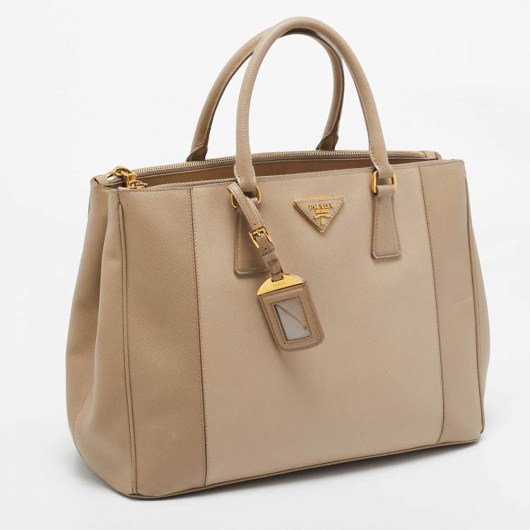 Pre Owned Prada Two Tone Beige Saffiano Lux Leather Large Double Zip Tote
